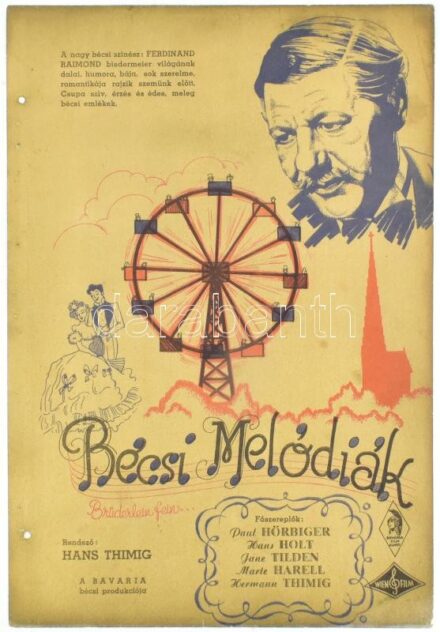 cca 1942 "Bécsi melódiák" (Brüderlein fein...), főszereplőK: Paul Hörbiger, Hans Holt, Jane Tilden, Marte Harell, Hermann Thimig, rendez: Hans Thimig, a Bavaria bécsi produkciója, Bavaria Film Kunst, Wien Film, a felületén két kis lyukkal, 33x23