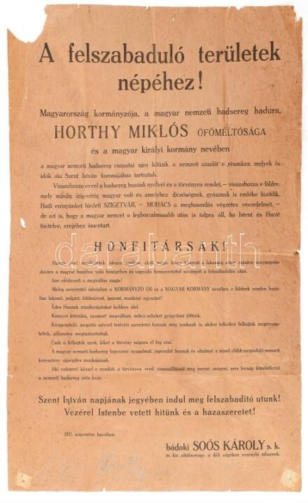 1921 Felszabadított területek népeihez. Szigetvár, Mohács visszacsatolása plakát kis sérülésekkel 67x84 cm