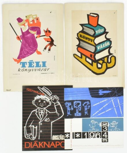 1967 Országos Diáknapok 1967 május, vegyes technika, kollázs, papír, Vadász György (1933-) jelzés nélküli plakátterve, 23x18 cm. + 1965-1966 Vadász György (1933-): Téli Könyvvásár (1965, 1966), 2 db villamosplakát papírlapon,ofszet, papír, jelzett a nyoma