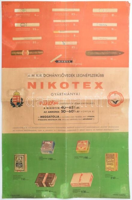 cca 1930 Repcze János (1905-1985): "A M. Kir. Dohányjövedék legnépszerűbb Nikotex gyártmányai", Nikotex reklámplakát, Bp., Athenaeum, papír papírra kasírozva, restaurált, hajtott, 92x60 cm