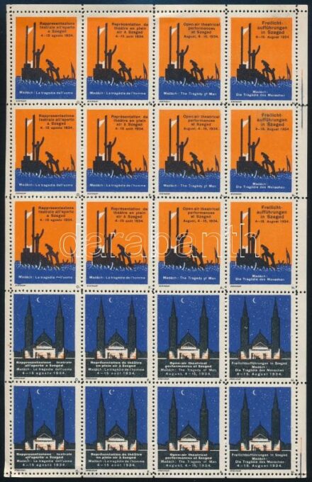 1934 Szegedi Szabadtéri Játékok, Madách - Az ember tragédiája francia levélzáró kisív / France label mini sheet