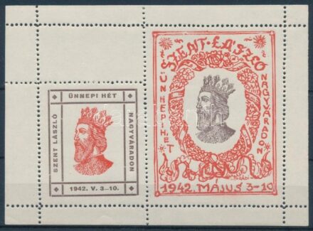 1942 Szent László Ünnepi hét Nagyvárad levélzáró kisív / label mini sheet