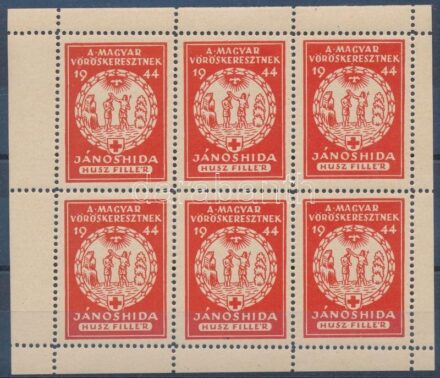 1944 Taksonyfalva közönsége a Magyar Vöröskeresztnek 20f adománybélyegek, 6-os kisíven / Hungarian charity stamps in mini sheet of 6
