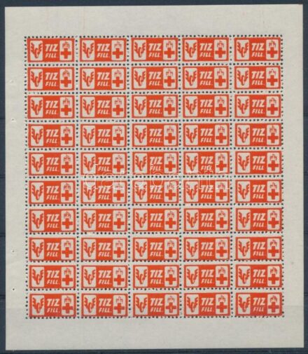 ~1944 Adománybélyeg 10f a Vöröskereszt javára, 50-es kisívben / Hungarian charity stamp in mini sheet of 50