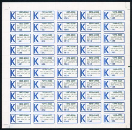 2001 1890-2000 Ragjegy kiállítás alkalmi "K" ragjegy teljes ívben / complate sheet of label