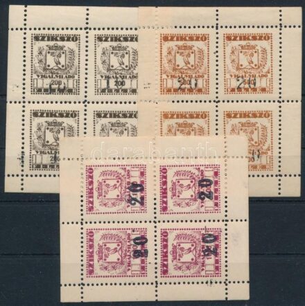 Szikszó városi illetékbélyeg 3 klf négyestömb