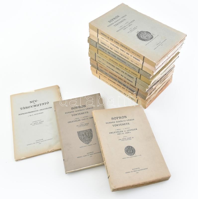 Házi Jenő: Sopron szabad királyi város története. I-XIII. kötet: I. rész. 1-7. köt., II. rész. 1-6. rész. Komplett. Közli: Dr. - - . Sopron, 1921-1943., Székely és Társa. Kiadói papírkötések, három borítón hiányos sérült, egy-két borítón kis sérülésekkel, - Image 2