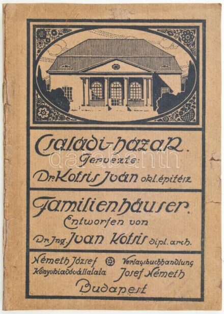 Kotsis Iván, Dr.: Családi-házak és nyaralók. 2. kiadás Bp. 1922, Németh József, 32 p. Számos szövegközti és egészoldalas fényképpel illusztrált. Kiadói papírborítóban, javított borítóval, egy szakadt lappal (27/28.), ceruzás bejegyzésekkel, a tervrajz táb