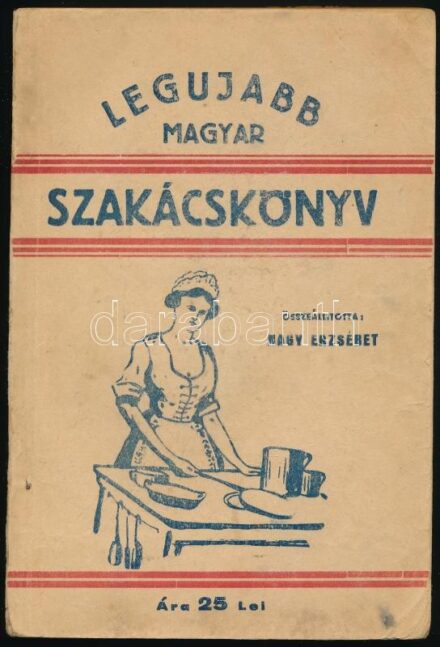 Nagy Erzsébet: Legujabb magyar szakácskönyv. hn., 1933, nyn, 256 p. Erdélyi kiadású (25 lei) szakácskönyv. Kiadói papírkötés, a borító szélein kis szakadásokkal, a tartalomjegyzék sérült, hiányos, az első 4 lap foltos.