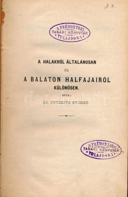 1892 Vutskits György (1858-1929): A halakról általánosan és a Balaton halfajairól különösen. [Keszthely, 1892.,Keszthelyi Premontrei Gimnázium Értesítője], 3-95+1 p. Átkötött félvászon-kötés, régi bélyegzésekkel, (címlaphiánnyal (1/2)?) Egyetlen kiadás! R
