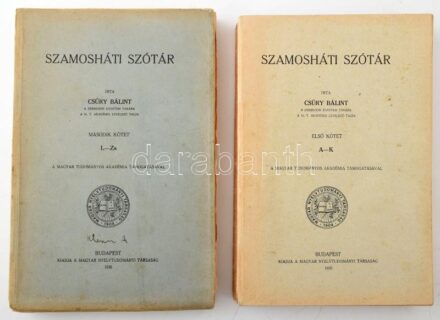 Csűry Bálint: Szamosháti szótár I-II. köt. I. köt.: A-K. II. köt.: L-Zs. Bp., 1935-1936, Magyar Nyelvtudományi Társaság, 572+1 p.; 480 p. Kiadói papírkötés, kissé foltos borítóval és lapokkal, a II. kötet gerince foltos, fölöspéldány bélyegzésekkel. Klemm