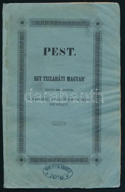 [De Gerando Ágost: Pest. Egy tiszaháti magyar' őszinte megjegyzései a' hazafiság, utánzási kór és nevelés felett. Egyetlen kiadás. Lipcsén és Pesten, 1846. Volckmar F. és Geibel Károly (Schmid Antal ny., Pozsony) 24 p. Pamflet a nyugatmajmolás szokása ell
