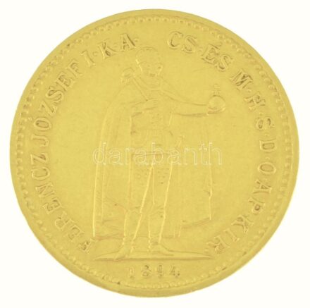 1894KB 10K Au "Ferenc József" Körmöcbánya (3,39g/0.900) T:XF,VF / Hungary 1894KB 10 Korona Au "Franz Joseph I" Kremnitz (3,39g/0.900) C:XF,VF Adamo K8