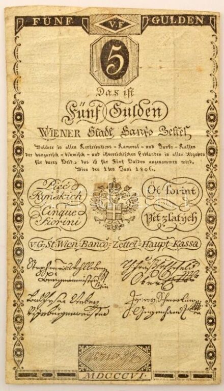 1806. 5G "Bécsi városi bankócédula" vízjeles papíron T:F fo. / Habsburg Monarchy 1806. 5 Gulden "Wiener-Stadt Banco-Zettel" on watermarked paper C:F spotted Adamo G39, Krause P#A38