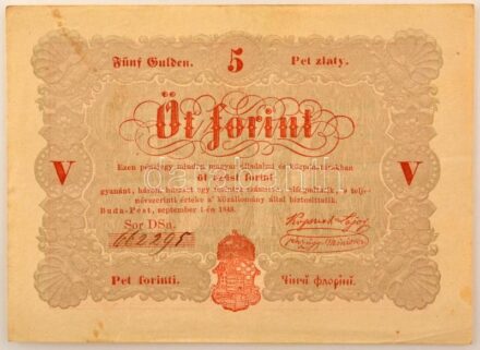 1848. 5Ft "Kossuth bankó" vörösesbarna nyomat, nyomdai papírráncokkal T:XF fo. / Hungary 1848. 5 Forint "Kossuth banknote" red-brown, typographical creases C:XF spotted Adamo G109, Krause P#S116
