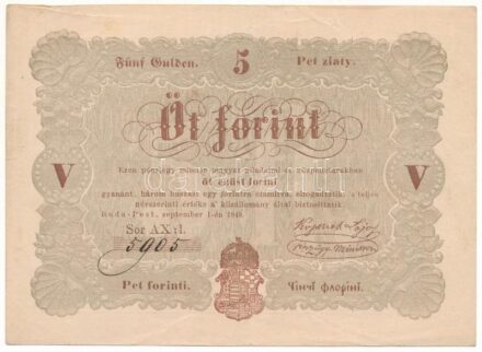 1848. 5Ft "Kossuth bankó" barna nyomat, alacsony négyjegyű "Ax:1 5905" sorszámmal! T:XF / Hungary 1848. 5 Forint "Kossuth banknote" brown with low, four-digit serial "Ax:1 5905" C:XF