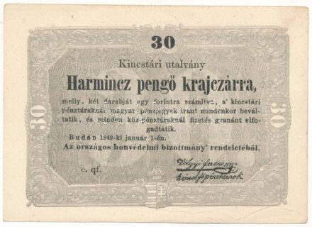1849. 30kr "Kossuth bankó" hátoldalon 1901-ből származó kézírásos megjegyzéssel, nyomdai papírránccal T:AU / Hungary 1849. 30 Kreuzer "Kossuth Note" with handwritten text on backside dated 1901, with printing crease C:AU Adamo G103