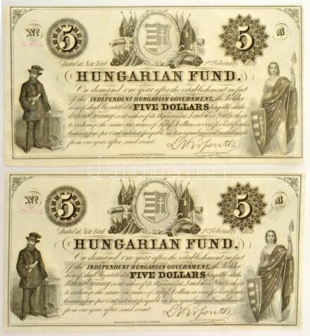 1852. 5$ "B" "Kossuth bankó" piros kézi sorszámozással, nyomdai papírránccal (2x) sorszámkövetők "15622 - 15623" T:UNC,AU / Hungary 1852. 5 Dollar "B" with red serial number, with typografical creases (2x) consecutive serials "15622 - 15623" C:UNC,AU Adam