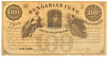 1852. 100$ "Kossuth bankó" piros tintás kézi sorszám és fekete tintás dátum, Kossuth Lajos saját kezű aláírásával, bal alsó sarokban a sorszámozásnál alkalmazott rögzítés tűnyoma T:F fo., kis szakadások / Hungary 1852. 100$ "Kossuth bankó" hand written se