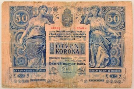 1902. 50K "1368 48968" kiolvashatatlan felülbélyegzéssel T:VG nagyobb szakadások, foltok / Hungary 1902. 50 Korona "1368 48968" with unreadable overprint C:VG with larger tears, spots Adamo K23B, Krause P#24