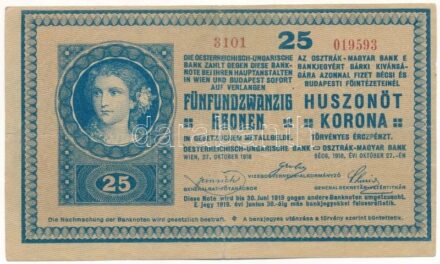 1918. 25K "3101" üres hátlappal, hátlapon kézírásos szöveg T:F / Hungary 1918. 25 Korona "3101" empty backside, with handwritten notation C:F