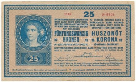 1918. 25K hullámos hátlap "1102" eltérő méretű és betűtípusú sorozat és sorszám T:F / Hungary 1918. 25 Korona "1102" different size and font in the series prefix and serial numbers C:F