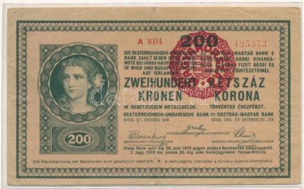 1918. 200K "A 1024" előlap hullámos, hátlap sima, hamis piros "MAGYARORSZÁG" körbélyegzővel T:F / Hungary 1918. 200 Korona "A 1024" front side wavy, backside empty, with fake "MAGYARORSZÁG" red overprint C:F