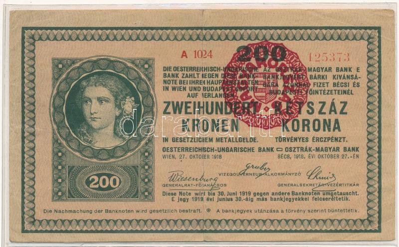 1918. 200K "A 1024" előlap hullámos, hátlap sima, hamis piros "MAGYARORSZÁG" körbélyegzővel T:F / Hungary 1918. 200 Korona "A 1024" front side wavy, backside empty, with fake "MAGYARORSZÁG" red overprint C:F