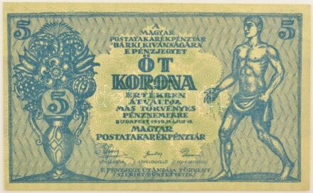 1919. 5K "MÁS TÖRVÉNYES..." "038 848.218" T:AU,XF hajtatlan, nagyobb saroktörés / Hungary 1919. 5 Korona "038 848.218" C:AU,XF unfolded, greater corner bend Adamo K8/1