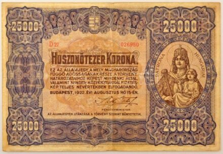 1922. 25.000K "Orell Füssli Zürich" "D27 026980" T:F helyenként kopott, de összességében erős papír, nagyon kis szakadások / Hungary 1922. 25.000 Korona "Orell Füssli Zürich" "D27 026980" C:F worn paper in places, but strong paper in total, very small tea