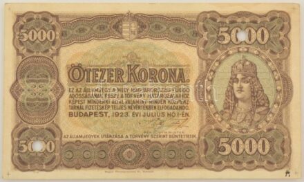 1923. 5000K sorszám nélküli próbanyomat(?)! Jobb felső és bal alsó sarokban érvénytelenítő lyukasztások, sarkokon illesztőkeret, jobb alsó sarokba fekete tintával kézírásos "4."-es szám, "Magyar Pénzjegynyomda Rt. Budapest" T:AU,XF hajtatlan, de nagyobb s
