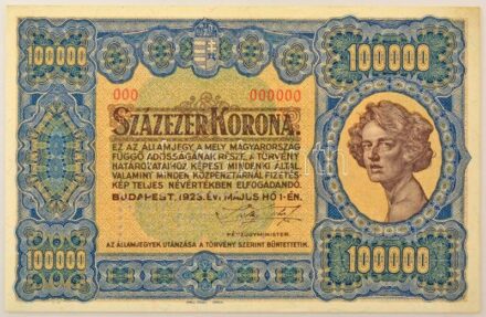 1923. 100.000K "Orell Füssli Zürich", "MINTA" perforációval, piros "000" számozással T:UNC,AU / Hungary 1923. 100.000 Korona "Orell Füssli Zürich", "MINTA" perforated, red "000" serial number C:UNC,AU Adamo K46M1a, Krause P#72