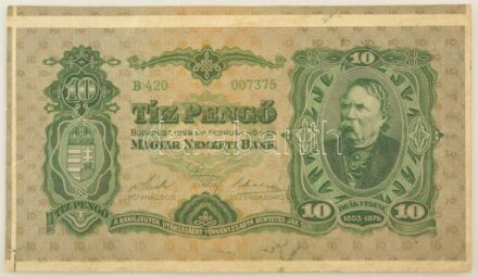 1929. 10P "B 420 007375" kézzel vágott, jobb alsó sarok(?) ívdarab, három másik látható bankjegyrészlettel, nyomdai festékfoltokkal T:F / Hungary 1929. 10 Pengő "B 420 007375" handcut lower-right corner sheet with three partially visible banknote and prin