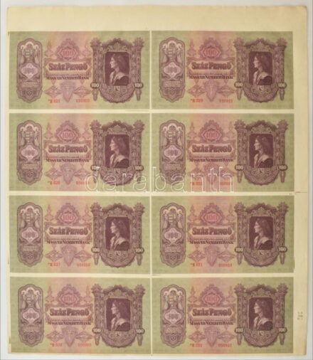 1930. 100P 8db-os vágatlan MINTA ÍV, "SB 1944. VI. 7." dátummal, látható illesztőkerettel. A bankjegyek mind "050910" sorszámmal, de sorszámkövető sorozatszámokkal "*E 025 - *E 032" T:UNC,AU kissé hullámos papír R! / Hungary 1930. 100 Pengő in a SPECIMEN
