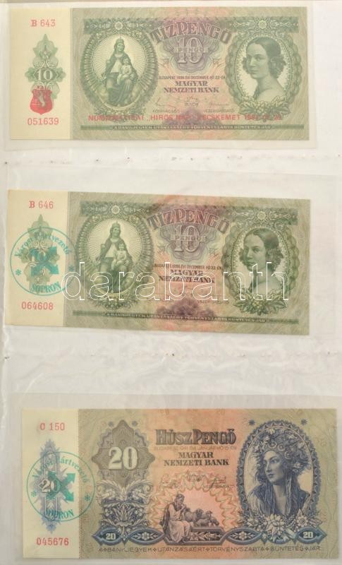 1930-1946. 62db-os pengő bankjegy tétel mind, többségében valamelyik numizmatikai találkozó, kiállítás felülbélyegzésével vagy bélyeggel ellátva, többek között "200 éves a hazai papírpénz 1760-1960", "Forradalmi Pénzkiállítás Dorog 1967.", "A Magyar Pénz - Image 3