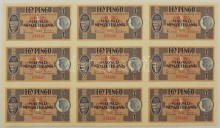 1938. 1P (9x) ívdarab megegyező "076540" sorszámmal és három részletben sorkövető sorozatszámmal a "H 919 - H 939" közötti intervallumban T:F / Hungary 1938. 1 Pengő (9x) partial sheet, all banknotes with identical "076540" serial number but consecutive s