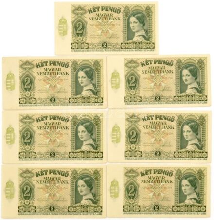 1940. 2P (7x) sorszámkövetők "J 081 092394 - J 081 092400" T:AU kisebb sarokhajlások / Hungary 1940. 2 Pengő (7x) consecutive serials "J 081 092394 - J 081 092400" C:AU smaller corner folds Adamo P2