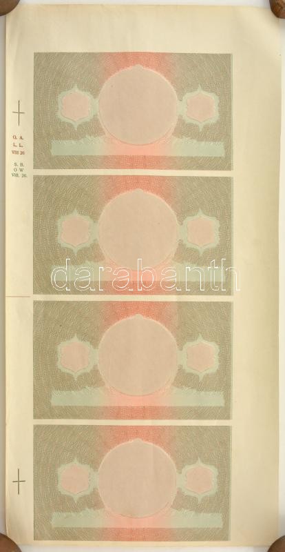 1941. 20P hátlapi fázisnyomat 4db-os ívben, látható illesztőkerettel, augusztus 26-i dátummal T:hajtatlan, feltekerve / Hungary 1941. 20 Pengő back progress proof in a sheet of 4, with visible typographical frame and 26th August date C:unfolded, rolled up