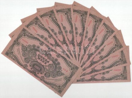 1945. 1000P (10x) sorszámkövetők "F 579 046019 - F 579 046028" T:AU / Hungary 1945. 1000 Pengő (10x) consecutive serials "F 579 046019 - F 579 046028" C:AU Adamo P22e