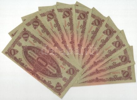 1945. 10.000P (10x) sorszámkövetők "L 868 085664 - L 868 085673" T:AU / Hungary 1945. 10.000 Pengő (10x) consecutive serials "L 868 085664 - L 868 085673" C:AU Adamo P23e