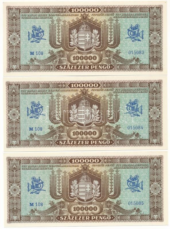 1945. 100.000P (10x) sorszámkövetők "M 108 015083 - M 108 01592" T:AU / Hungary 1945. 100.000 Pengő (10x) consecutive serials "M 108 015083 - M 108 015092" C:AU Adamo P24 - Image 2