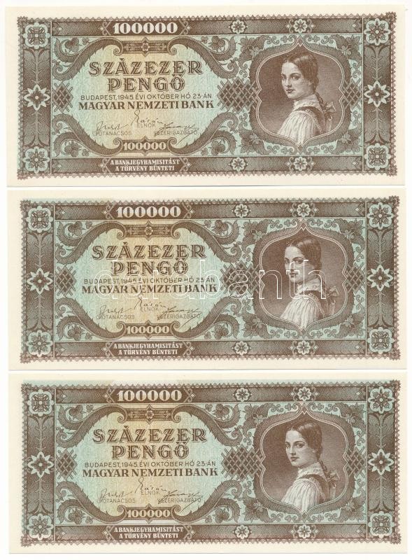 1945. 100.000P (10x) sorszámkövetők "M 108 015083 - M 108 01592" T:AU / Hungary 1945. 100.000 Pengő (10x) consecutive serials "M 108 015083 - M 108 015092" C:AU Adamo P24 - Image 3