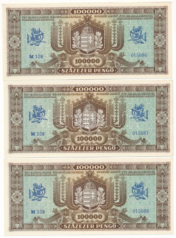 1945. 100.000P (10x) sorszámkövetők "M 108 015083 - M 108 01592" T:AU / Hungary 1945. 100.000 Pengő (10x) consecutive serials "M 108 015083 - M 108 015092" C:AU Adamo P24 - Image 4