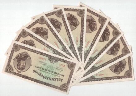 1946. 100.000.000P (9x) hármasával sorszámkövetők T:AU / Hungary 1946. 100.000.000 Pengő (9x) consecutive serials in threes C:AU Adamo P27