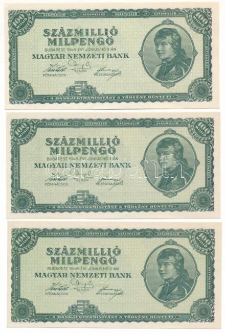 1946. 100.000.000MP (10x) T:AU / Hungary 1946. 100.000.000 Milpengő (10x) C:AU Adamo P33