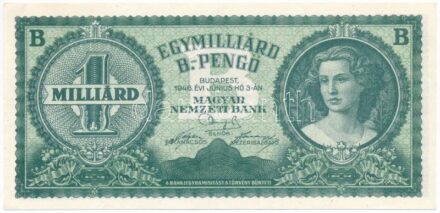 1946. 1.000.000.000BP T:AU több, kisebb sarok és szegély hajlás / Hungary 1946. 1.000.000.000 Billion Pengő C:AU smaller corner - and border bends Adamo P40
