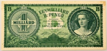 1946. 1.000.000.000BP T:XF felső sarkokon ragasztónyom, alsó él mentén sérült papír / Hungary 1946. 1.000.000.000 Billion Pengő C:XF gluemarks on the upper corners, damages on lower edge of the paper Adamo P40