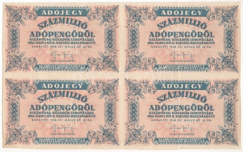1946. 100.000.000AP (4x) négyes ívben, ívből kivágva, nem vízjeles papíron T:F / Hungary 1946. 100.000.000 Adópengő (4x) in a partial sheet of four, cut from sheet, on non-watermarked paper C:F Adamo P55a