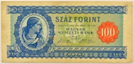 1946. 100Ft "B 133 077889" T:F erős papír / Hungary 1946. 100 Forint "B 133 077889" C:F strong paper Adamo F26, Krause P#160