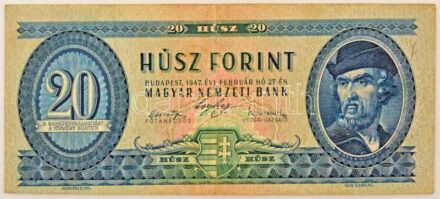 1947. 20Ft "C 054 090452" T:F,VG / Hungary 1947. 20Ft "C 054 090452" C:F,VG Adamo F10, Krause P#162